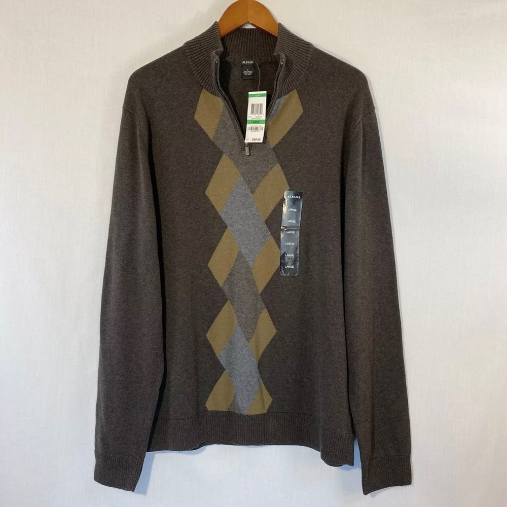 Alfani Sweater Pullover Mens L 1/4 Zip Cotton Long Sleeve Brown Geometric